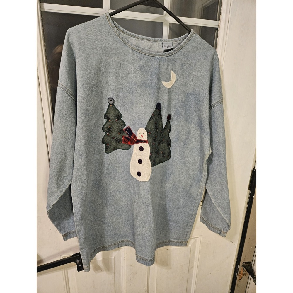 Sun Belt Denim Christmas Winter Blouse Snowman Vintage Modest Light Wash Medium